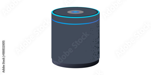 A minimalist cylindrical smart home speaker with fabric texture and glowing LED ring on top, futuristic design, isolated on a white background.