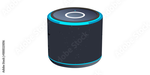 A minimalist cylindrical smart home speaker with fabric texture and glowing LED ring on top, futuristic design, isolated on a white background.