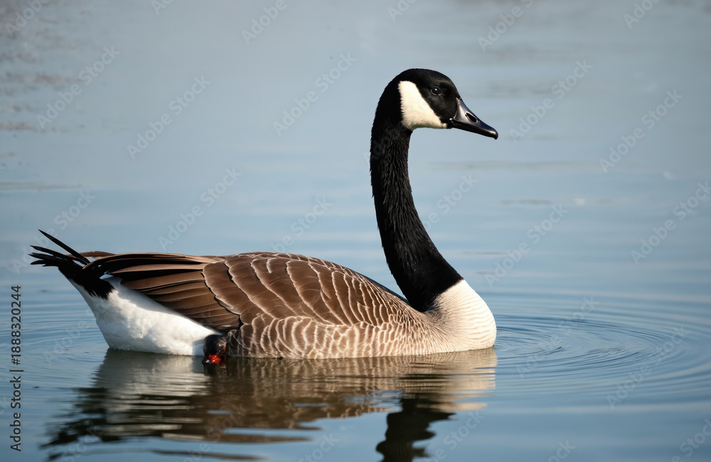 Fototapeta premium Canada goose swims serenely on calm water under bright daylight. Its graceful neck curves as it glides peacefully. Bird displays natural beauty in its habitat.