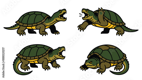 Cartoon Turtles with Various Expressions: Yawning, Shouting, and Posing Reptiles Set