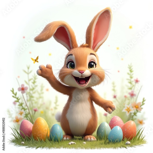Joyful cartoon bunny stands in green grass with colorful easter eggs. A yellow butterfly flies near its raised paw. Blooming flowers and soft green plants fill the background. © Vadym