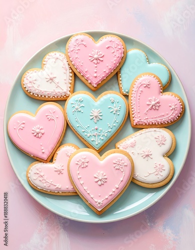 Heart-shaped iced cookies in pastel colors on a light teal plate