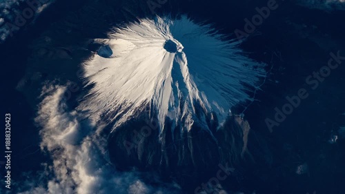 Mount Fuji covered in snow, iconic volcano fly over animation based on Nasa imagery