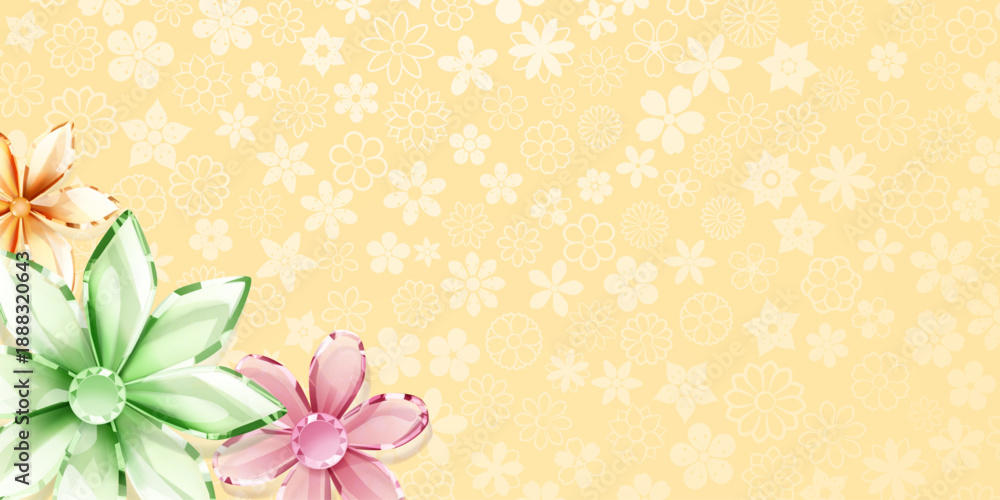 Obraz premium Colorful crystal flowers on a soft yellow background with a subtle floral pattern.