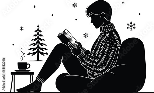 Cozy winter scene with person reading by the christmas tree