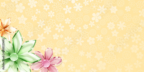 Colorful crystal flowers on a soft yellow background with a subtle floral pattern.