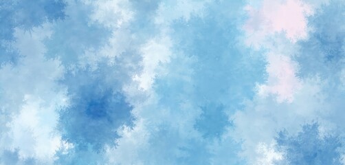 Abstract pattern with blue and pastel pink splotches. Brush strokes create a watercolor tie-dye effect. Covers surface with airy, cloudy texture. Forms seamless background.