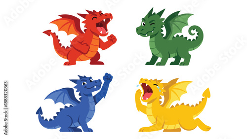 Four Cartoon Dragons in Red, Green, Blue, and Yellow on White Background