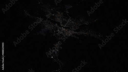 Bamako night city lights and Niger River, satellite view of urban Africa animation based on NASA imagery