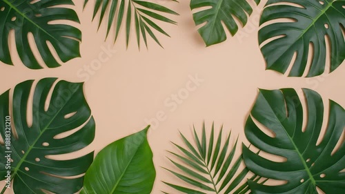 Tropical leaves frame on beige background
