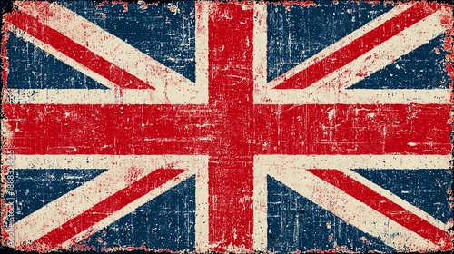 A weathered and textured Union Jack flag fills the frame, featuring faded red, white, and navy blue colors with visible scratches, cracks, and grunge effects for a retro, aged appearance.