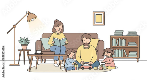 Family bonding moment in a cozy living room with children playing together on the floor