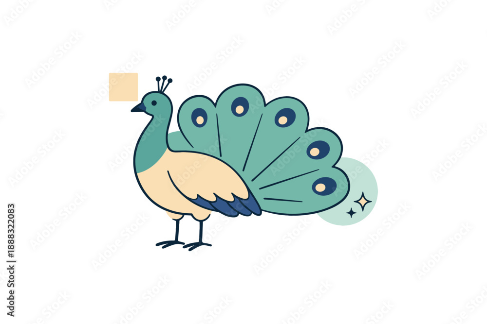 Fototapeta premium Colorful peacock illustration with open feathers and geometric elements