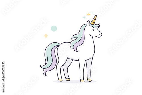 Whimsical pastel unicorn with sparkling mane on white background