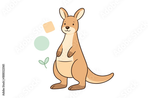 Cute cartoon kangaroo with geometric shapes and leaf on white background