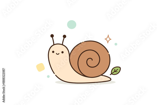 Cute cartoon snail with spiral shell and leaf on white background