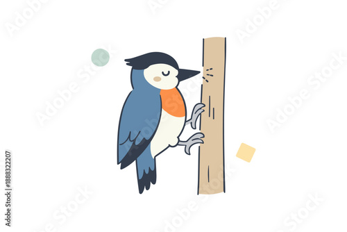 Cartoon woodpecker clinging to tree trunk with simple geometric shapes