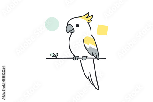Colorful cartoon cockatoo perched on branch with geometric shapes