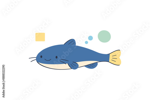 Cute cartoon catfish illustration with bubbles and shapes