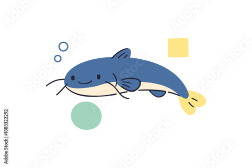 Cute cartoon catfish with geometric shapes on white background