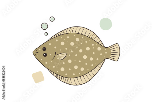 Cute cartoon flounder with bubbles and shapes on white background