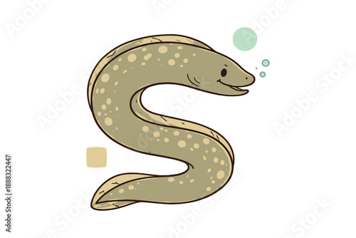 Cartoon moray eel illustration with bubbles and colorful shapes