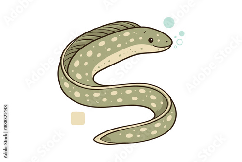 Cartoon spotted eel with bubbles on white background