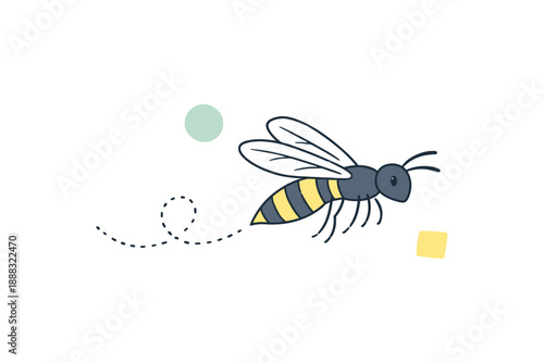 Cute cartoon bee flying with dashed trail and geometric shapes