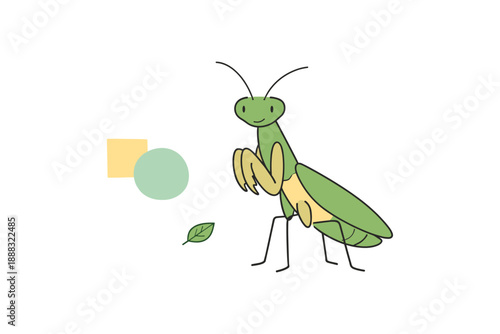 Whimsical cartoon praying mantis with geometric shapes on white background