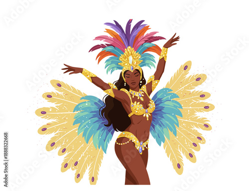 Beautiful Samba Dancer Woman in Colorful Feather Costume
