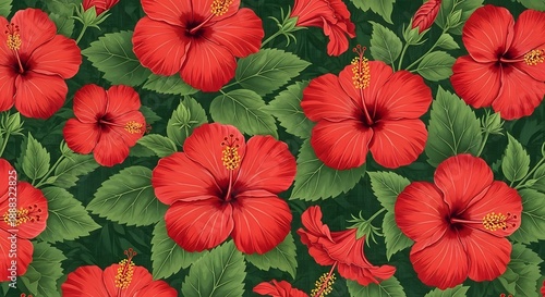 Wallpaper Mural Vivid illustration of vibrant red hibiscus flowers amidst lush green foliage, repeating pattern Torontodigital.ca