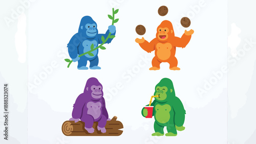 Colorful Gorilla Cartoon Set