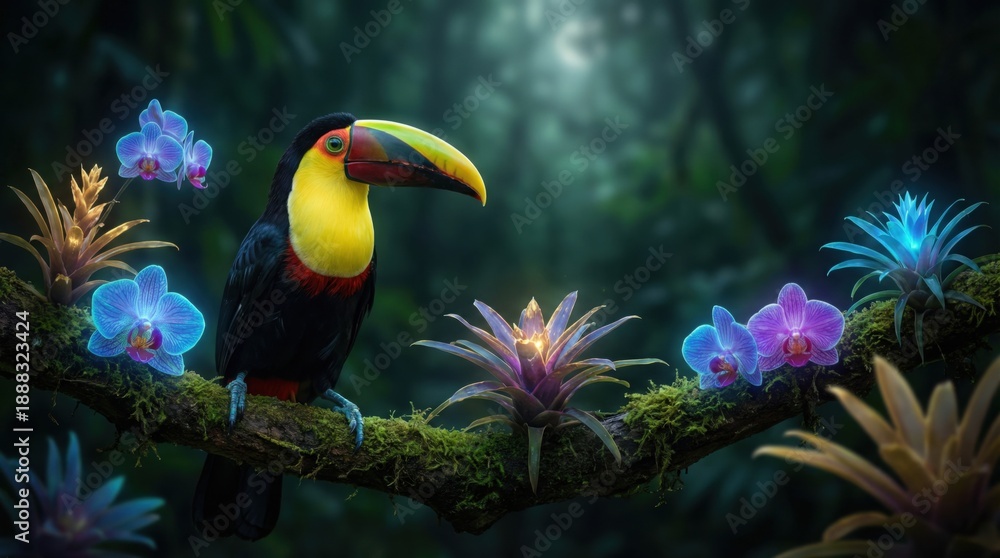 Obraz premium Vibrant Toucan Perched on a Branch with Luminous Tropical Orchids and Exotic Plants in a Magical Rainforest Jungle