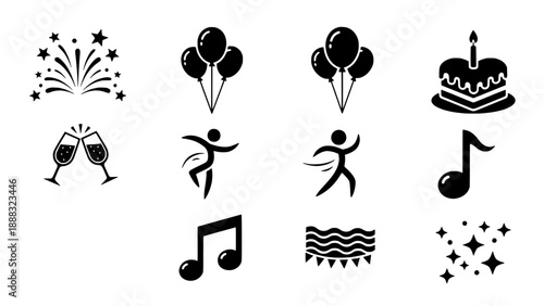 Essential monochrome icon collection for various celebrations, parties, events, and festive moments
