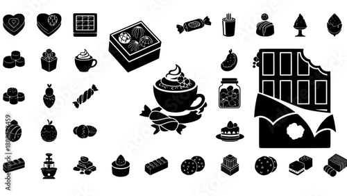 Diverse set of elegant chocolate and candy icons, perfect for dessert-themed projects and sweet treat designs