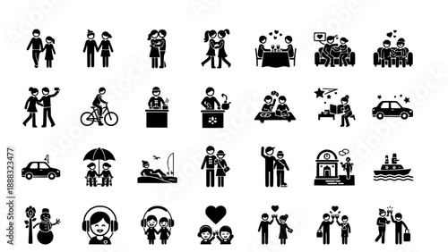 Diverse vector icons representing people's daily lives, relationships, and social activities