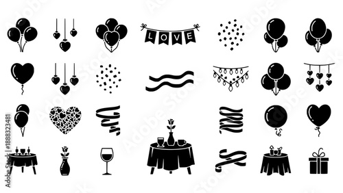 Set of celebration and party icons for events like birthdays, weddings, and anniversaries