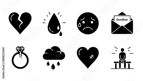 Broken heart, crying, sad mood icons with ring, rain, and goodbye letter set