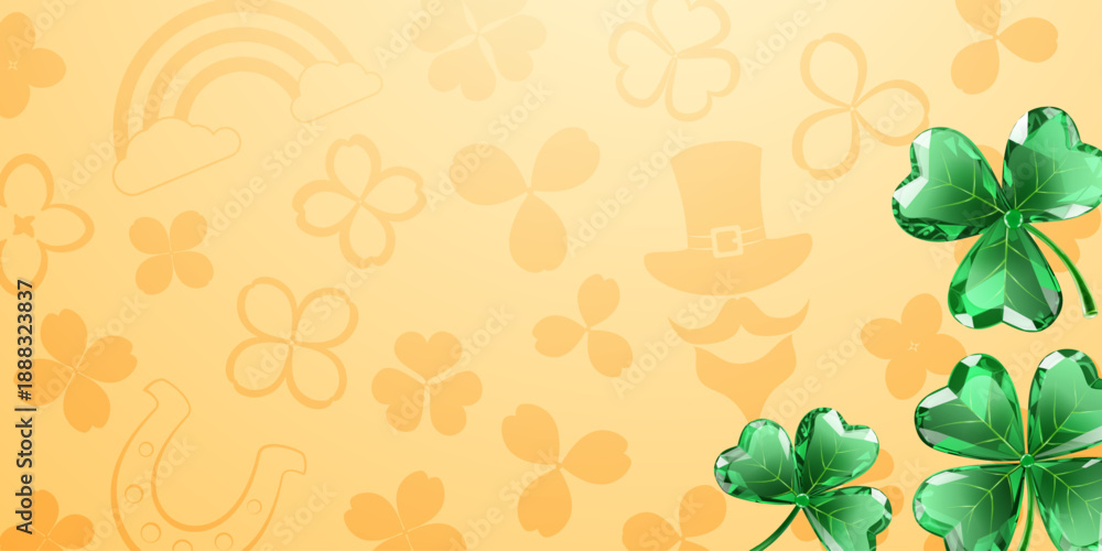Fototapeta premium St Patricks day illustration with flat style, pale orange background, and green shamrocks.