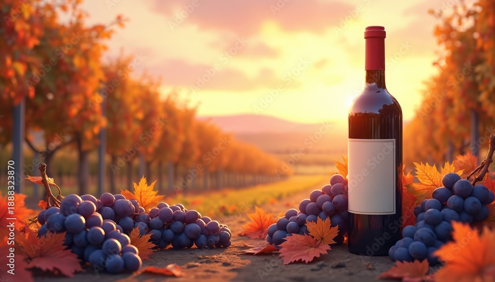 Fototapeta premium Dark wine bottle sits with ripe grapes and red autumn leaves in a vineyard row. Golden sunset light illuminates fields and colourful foliage. Harvest season concept.