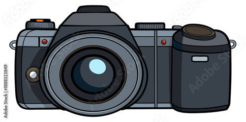 A professional DSLR camera with a large 50mm lens, black textured body, front view, highly detailed, isolated on a white background.