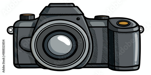 A professional DSLR camera with a large 50mm lens, black textured body, front view, highly detailed, isolated on a white background.