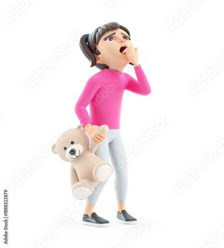 3d scared girl holding teddy bear and looking up