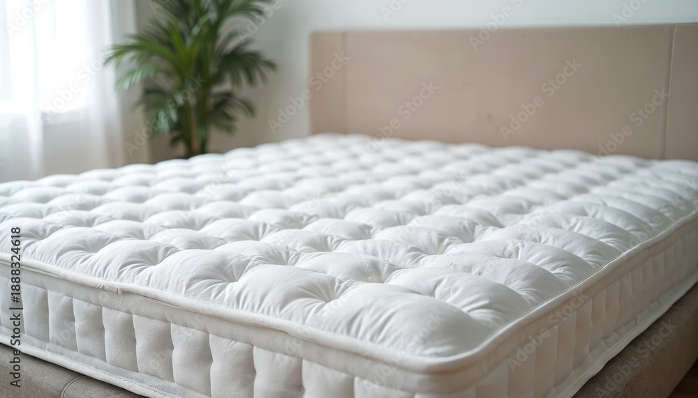 Fototapeta premium Fluffy white mattress on bed in bright room. Comfortable sleeping surface with plush pillow top layer. Clean bedding awaits restful sleep. Home interior setup ready for night.