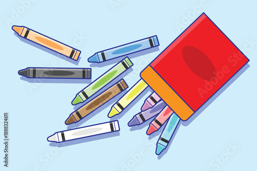 Colorful crayons spilling out from a red and orange box onto a light blue surface.