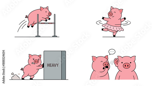 Cartoon Pig Set: Jumping, Ballet, Heavy Lifting, Gossiping