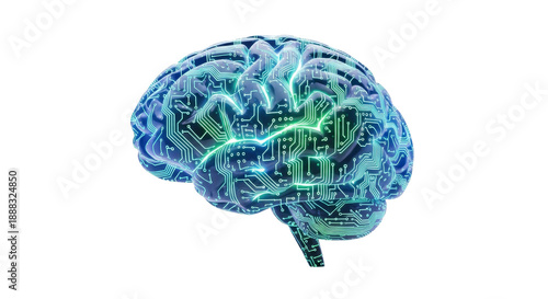 Cyber Brain: A futuristic rendering of the human brain, interwoven with intricate circuit patterns, glowing with ethereal light and symbolizing the intersection of technology and the human mind.