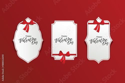 Sophisticated white Valentine tags with "Happy Valentine’s Day" script and decorative red ribbon bows.