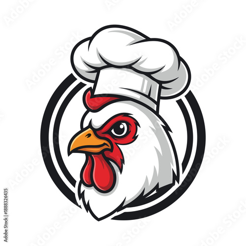 Serious chicken head wearing chef hat mascot cartoon character in circle logo design