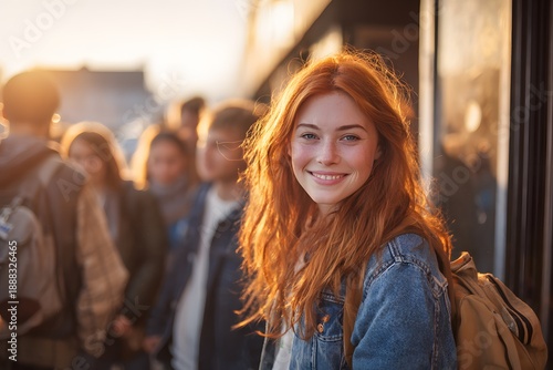 Smiling young woman with backpack walking on college campus